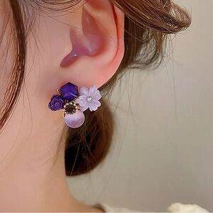 New Chic Purple Crystal Flower Stud Earrings Faux Zircon Party Evening Wedding